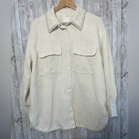H&M Pearl Detail Shirt Jacket Shacket Size Large - Picture 3 of 5